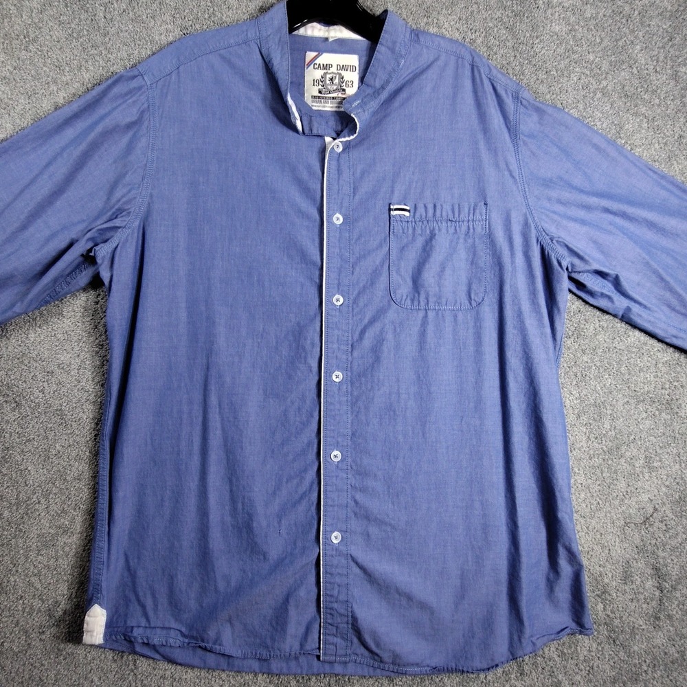 Camp David Mens Button Down Shirt Long Sleeve Casual Blue XL Band Collar